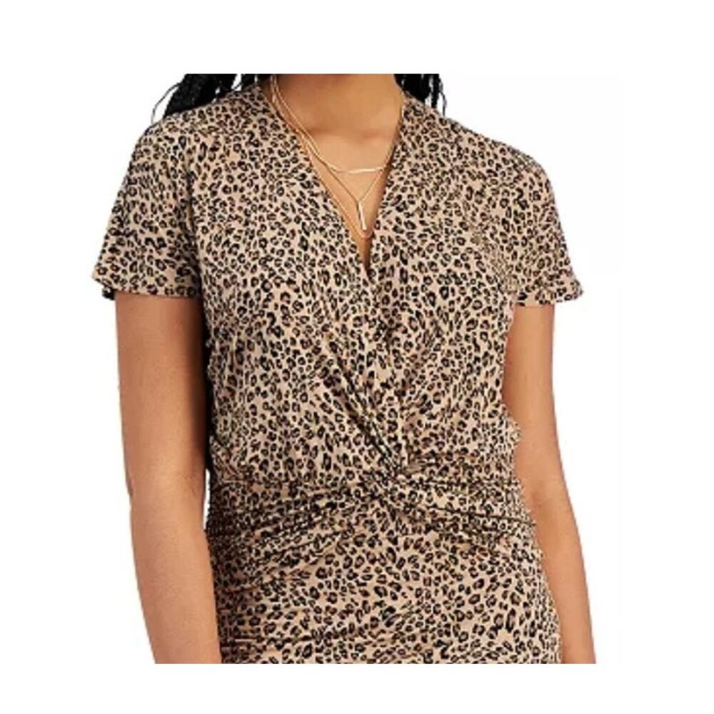 Bar III 3X cheetah print v neck twist front knot cap sleeve top TB 3017